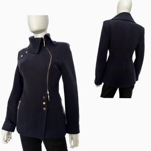 SALE💥WOMEN WINTER COAT WOOL BLEND ASYMMETRIC ZIPPED/BUTTONED FRONT JACKET NAVY